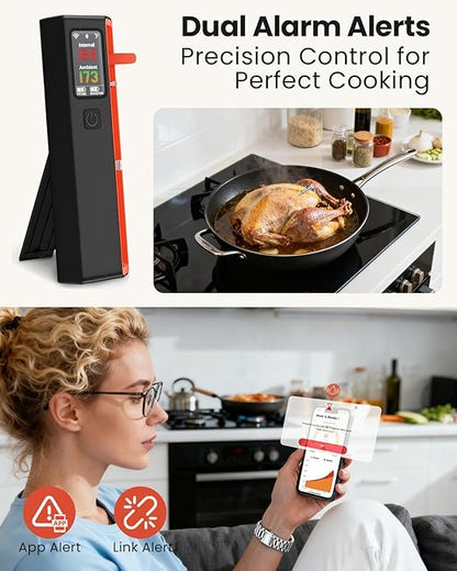 Wireless Bluetooth Smart Meat Thermometer with WiFi - High Accuracy ±0.5°F, Smart Base, 1 Probe with 6 Sensors, NIST Certified Accuracy, Long-Range for BBQ, Grill, Oven, Smoker, Rotisserie