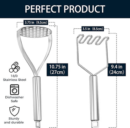 18/0 Stainless Steel Potato Mashers, 10.7-in Kitchen Masher Tool for Avocado Vegetable Sauce Butter, Heavy Duty, Dishwasher Safe, Pack of 2