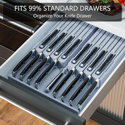 Domax Bamboo In-drawer Knife Block - Knife Drawer Organizer Insert Large Handle Steak Knife Holder, Kitchen Drawer Knife Organizer Fits for 16 knives and 1 Sharpening Steel (Not Included), Gray