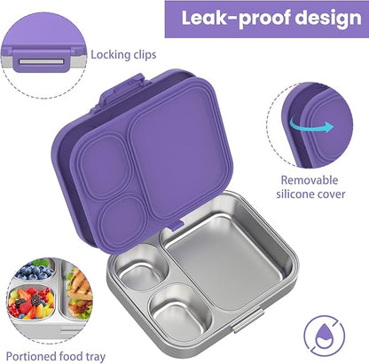 Stainless Steel Bento Lunch Box for Kids | 3-Compartment Lunch Box Container Kids | 100% Leakproof, Eco-Friendly, Perfect Portion Control for Kids&Adult Healthy Meals (Purple)