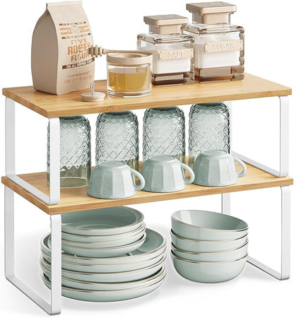 SONGMICS Cabinet Organizer Shelf, Set of 4 Kitchen Counter Shelves, Kitchen Storage, Spice Rack, Stackable, Expandable, Metal and Engineered Wood, Cloud White and Natural Beige UKCS210W01