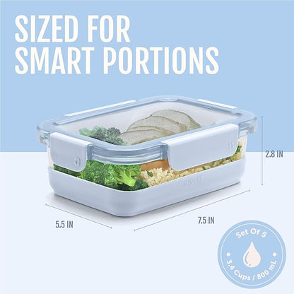 Ello Duraglass 3.4 Cup Meal Prep Sets 10Pc, 5 Pack Set- Glass Food Storage Container with Silicone Boot and Airtight BPA-Free Plastic Lids, Dishwasher, Microwave, and Freezer Safe, Halogen Blue