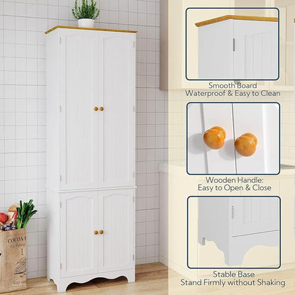 Yusong 72'' Tall Kitchen Pantry Cabinet, Freestanding Storage Cabinet with Doors and Shelves, Wooden Food Pantry Farmhouse Cupboard Buffet for Kitchen Dining Living Room, White