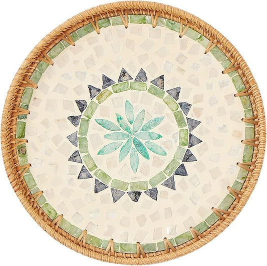Round Rattan Tray with Mother of Pearl Inlay, Rattan Serving Tray with Wooden Base, Decorative Wicker Basket for Table Decor, Storage and Display of Coffee Bread Food Fruit (Bohemia)