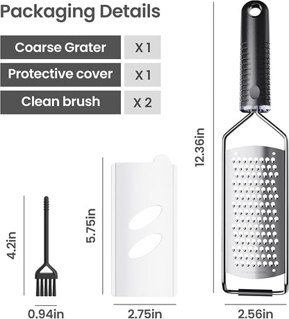 Coarse Grater for Cheese & Vegetables - Non-Slip Grip | Dishwasher Safe Stainless Steel (Black)