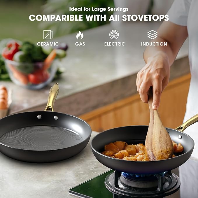 imarku Non Stick Frying Pans, Professional Cast Iron Skillets 2 Pcs - 8 Inch & 10 Inch Frying Pans Nonstick, Honeycomb Long Lasting Frying Pan Set Gold Handle Oven Safe Pan, New Home Essentials