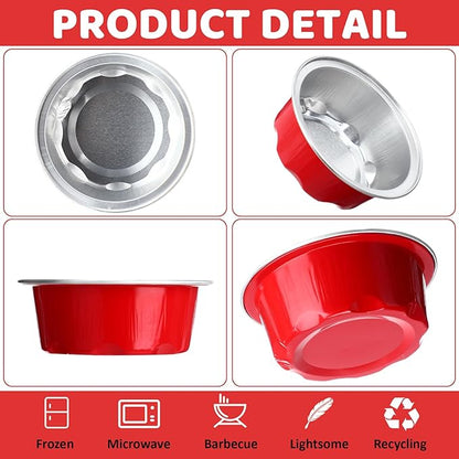 Eaasty 150 Pcs Baking Cups with Lids, 1.6 oz Muffin Cupcake Liners Aluminum Foil Mini Cake Pans Small Disposable Ramekins Flan Containers with Lids for Christmas, Birthday, Various Holiday(Red)