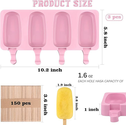 Sakolla Large Silicone Popsicle Molds Set of 3, Oval 4 Cavities Homemade Ice Pop Molds with 150 Wooden Sticks for Ice Cream, Cakesicles, Cake Pop (Pink)