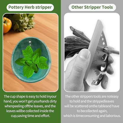Herb Stripper, 4-Hole Design Pottery Herb Stripper,Handmade Ceramic Herb Stripper Bowl for Removing Leaves and Stems in the Kitchen (Celadon Glaze)