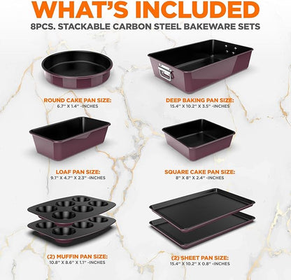 NutriChef 8-Piece Nonstick Stackable Bakeware Set - PFOA, PFOS, PTFE Free Baking Pan Set w/Non-Stick Coating, 450°F Oven Safe, Round Cake, Loaf, Muffin, Wide/Square Pans, Cookie Sheet (Plum)