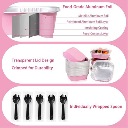 FORBFAN 150 Pcs Square Mini Cake Pans with Lids, 8 oz Individual Mini Loaf Pans, Pink Aluminum Foil Cupcake Baking Cups