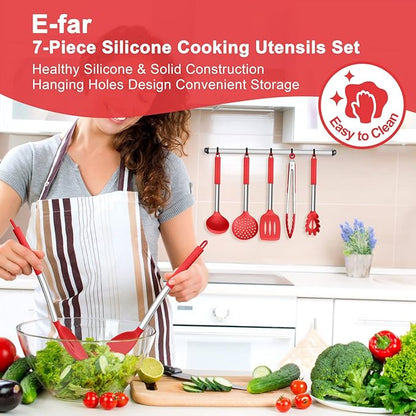 E-far Silicone Cooking Utensils Set, 7 Pcs Heat Resistant Kitchen Utensils with Stainless Steel Handle, Slotted Turner, Spoon, Soup Ladle, Pasta Server, Skimmer, Tongs for Nonstick Cookware, Red