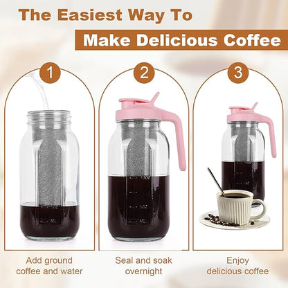 Cold Brew Coffee Maker，64 oz Wide Mouth Mason Jar Pitcher with Stainless Steel Filter, Pour Spout Handle Lid, Heavy Duty Glass Airtight & Leak-Proof Pitcher for iced coffee & Tea Lemonade-Pink