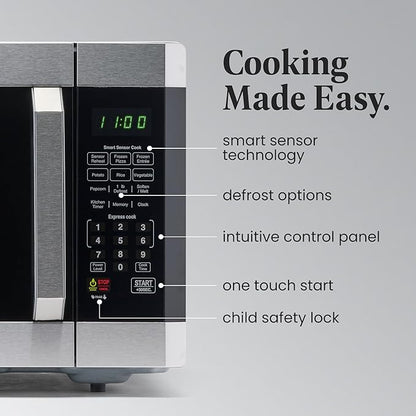 Farberware 1.6 Cu. Ft. Countertop Microwave Oven – 1100 Watts Power, Smart Sensor Auto Cook Settings, Defrost, Easy Clean and Child Safety Lock - Stainless