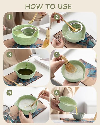 Matcha Whisk Set: Japanese Matcha Set with Ceramic Bowl, Matcha Sifter and Holder, Bamboo Scoop, Scoop Rest, Whisk, 6 Pcs, 18 oz Ceremonial Matcha Kit Making Tool Gift for Matcha Lovers, Beginners