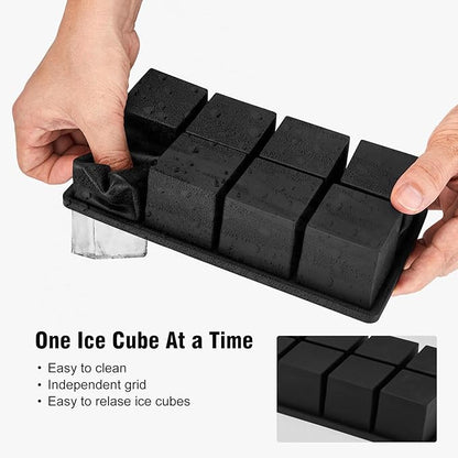 Samuelworld Large Silicone Ice Cube Tray Molds, Big 2 Inch Cubes 3 Pack- Food Grade, Flexible, 8 Cavity Easy Release Slow Melting Ice for Whiskey, Cocktails, Gifts & Christmas - Black (Ice Bag)