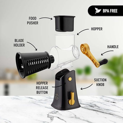 Zulay Kitchen Rotary Cheese Grater 5 Blade Cheese Shredder - Manual Hand Crank Cheese Grater With Reinforced Suction & 5 Interchangeable Drums - Easy to Use, Vegetable Chopper Round Mandoline Slicer