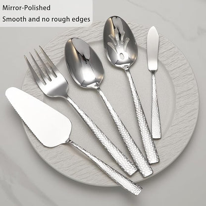 Large Hostess Serving Utensils Set, Stainless Steel Heavy Duty Hammered Serving spoons, Slotted Spoons, Serving Fork, Cake Server, Butter Knife, Dishwasher Safe（Silver）