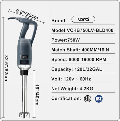 VONCI 750W Commercial Immersion Blender, Electric Hand Blender with 16" Detachable Shaft, Variable Speed 8000-19000RPM,Industrial Immersion Blender for Restaurant Kitchen.Extra Heavy Duty Hand Mixer.