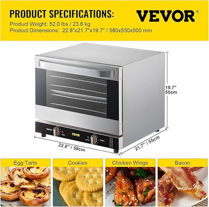 VEVOR Commercial Convection Oven, 66L/60Qt, Half-Size Conventional Oven Countertop, 1800W 4-Tier Toaster w/Front Glass Door, w/Trays Wire Racks Clip Gloves, 120V