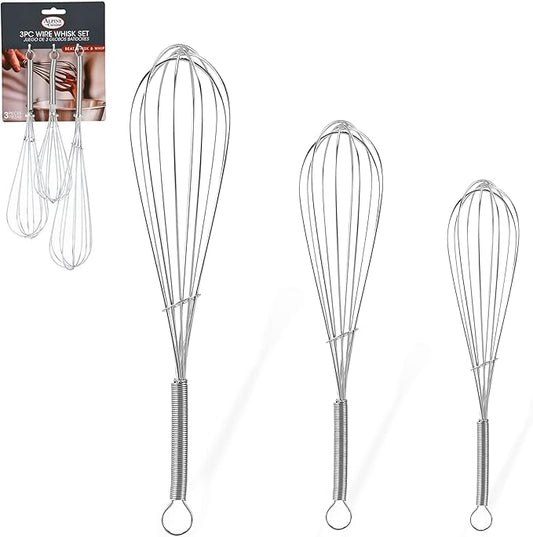 Alpine Cuisine Stainless Steel Wire Whisk 3pc set with Ergonomic Handle | Egg Whisk, Sauce Whisk & Flat Whisk Combined | Space Saving Whisks for Cooking, Baking & Deglazing, Dishwasher Safe