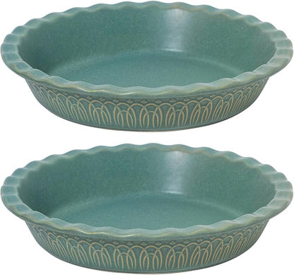 Fun Elements Ceramic Pie Pan, 9 Inch Pie Dish for Baking, Ruffled Pie Plate, Non-Stick Deep Dish Pie Pan for Apple Pie and Pot Pie, Thanksgiving Christmas Gifts, Set of 2, Green