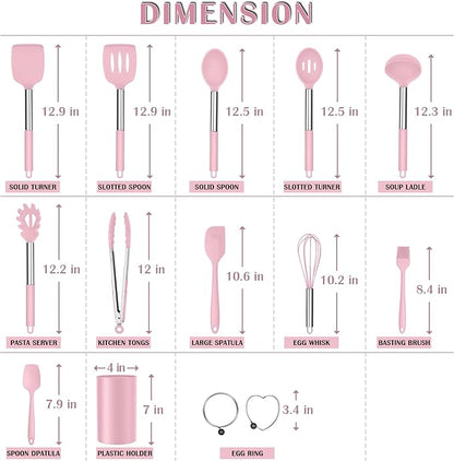 E-far Silicone Cooking Utensils Set, 14-Piece Pink Kitchen Utensils Set with Holder, Kitchen Tools Spatulas with Stainless Steel Handle for Non-stick Cookware, Heat Resistant & Dishwasher safe