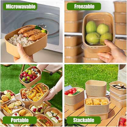 50-Pack 29oz Disposable Kraft Paper Bowls 【with Lids and Forks】Rectangle Cardboard Meal PrepContainers,Paper Leakproof Food Containers,Soup Serving Bowl for Hot/Cold Food-Microwave Safe (29oz 50Count)