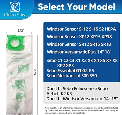 CF Clean Fairy 12Pack Micro Synthetic Cloth Bags Compatible With Sebo C G & X series & Windsor Sensor S12 S15 XP12 XP15 XP18 SR12 SR15 SR18 Versamatic Plus Replacement for 5093AM Vacuum Filter Bags