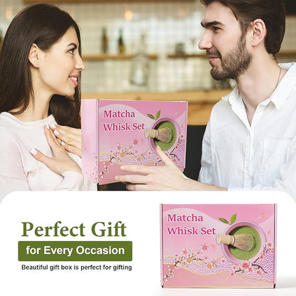 6pcs Matcha Whisk Set Includes Resin Matcha Whisk,Ceramic Matcha Bowl Set and Sifter,Matcha Whisks Holder,Natural Bamboo Spoon and Tea Towel for Matcha Starter Kit Lovers (Pink)