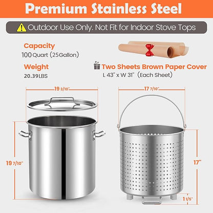 ARC 100 QT Large Crawfish Seafood Boil Pot with Basket and 2 Brown-paper Table Covers, Stainless Steel Stock Pot with Strainer, Outdoor Cooking Pot for Lobster, Crab, and Shrimp, 24 Gallon Pot