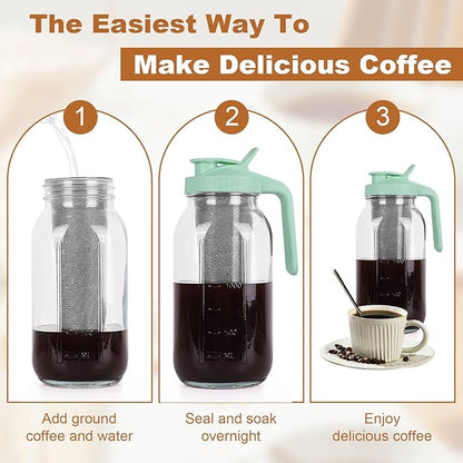 Cold Brew Coffee Maker，64 oz Wide Mouth Mason Jar Pitcher with Stainless Steel Filter, Pour Spout Handle Lid, Heavy Duty Glass Airtight & Leak-Proof Pitcher for iced coffee & Tea Lemonade-Green