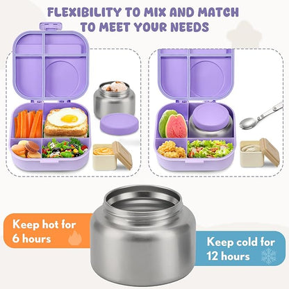 Bento Lunch Box with 12oz Soup Thermo,4 Compartments Lunch Box Containers, Spoon&Sauce Jar, BPA Free&Leak proof,Insulated Food Jar for Travel(Purple)