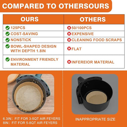 Air Fryer Paper Liners Disposable: 125PCS Non-Stick Air Fryer Parchment Paper, Food Grade Baking Liner for Baking Roasting Microwave (8IN-Round)