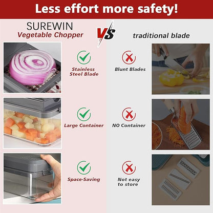 Vegetable Chopper, Onion Chopper Dicer, Mandoline Slicer with Container, Vegetable Cutter for Salad Potato Carrot Garlic（2 Blades, Grey）