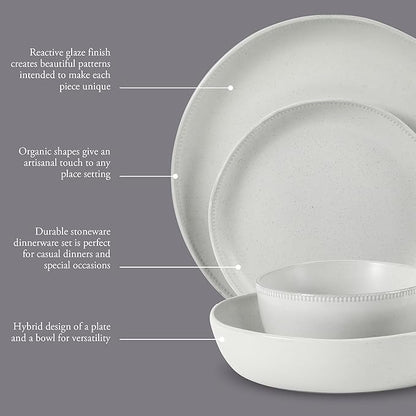Gibson Elite Menlo Park 16-Piece Pottery Clay Stoneware Dinnerware Set – White Reactive Glaze, Embossed Plates and Bowls W/Pasta Bowl, Service for 4 – Microwave & Dishwasher Safe