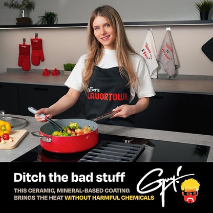 Guy Fieri's Flavortown 11-Piece Ceramic Cookware Set, Nonstick Pots and Pans for Cooking, Made without PFAS PTFE PFOA, Oven Safe, Dishwasher Safe, Easy to Clean Everyday Cookware, Red