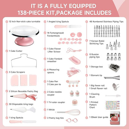 Cake Decorating Kit, 138pcs Cake Decorating Supply with 12 Inch Aluminium Cake Turntable, 64 Numbered Icing Piping Tips, 2 Spatulas, 3 Icing Comb Scraper and Leveller, Piping Bags,cake decorating tool