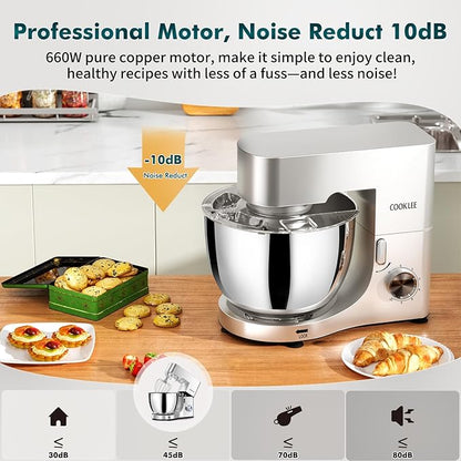 COOKLEE Stand Mixer, 9.5 Qt. 660W 10-Speed Electric Kitchen Mixer with Dishwasher-Safe Dough Hooks, Flat Beaters, Wire Whip & Pouring Shield Attachments for Most Home Cooks, Silver