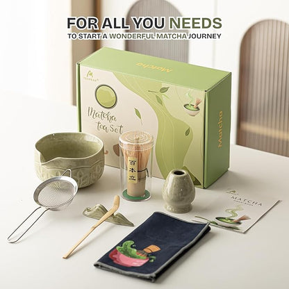 Matcha Whisk Set, 7 PCS Matcha Kit with Matcha Bowl with Spout, Bamboo Matcha Whisk and Scoop, Matcha Accessories & Sifter – Complete Matcha Set for Tea Lovers, Matcha Gift Set (Green)