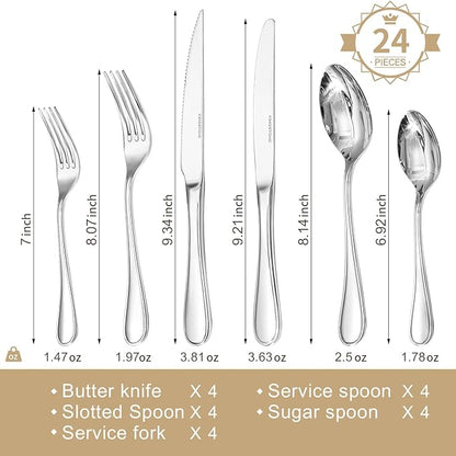 KINGSTONE 24 Piece Teardrop Silverware Set with Steak Knives, 18/10 Stainless Steel Flatware Set for 4, Modern Design Cutlery Set for Home/Hotel/Wedding,Mirror Polished and Dishwasher Safe
