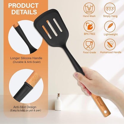 Large Silicone Kitchen Utensils Set, 6 PCS Nonstick Cooking Utensils Set with Wooden Handle, Heat Resistant and BPA Free Silicone Utensil Spatula Set for Cooking with Turner, Spoon and Ladle(Black)