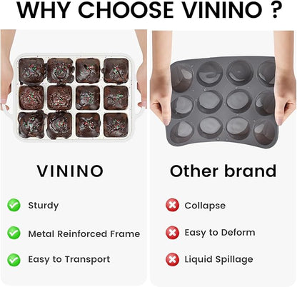 Vinino Silicone Brownie Pan With Dividers, 2 Pack Mini Loaf Pan for Baking Individual, Nonstick 12 Cups Square Muffin Cupcake Pans with Metal Reinforced Frame-Cream