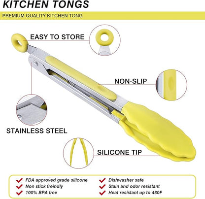 MSY BIGSUNNY Kitchen Food Tongs with Silicone Tips,7 Inch Serving Tongs for Grilling,Locking,BBQ Set of 3 (Yellow)