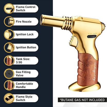 Dual Flame Butane Torch Gun – Refillable Handheld Mini Blow Torch for Cooking, Crème Brûlée, Welding, Soldering, Resin Art – Adjustable Flame & Ignition Lock–Limited Gold Brown by inZaynity