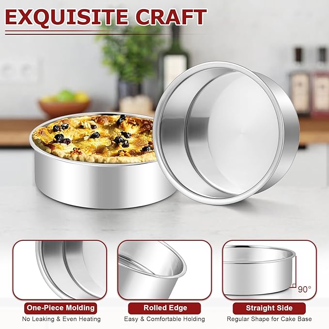 LIANYU 8 Inch Cake Pan Set of 3, Stainless Steel Round Baking Pans with 90 PCS Parchment Paper, Non Toxic Bakeware Tins for Layer Birthday Wedding Cake, Leak-proof & Dishwasher Safe
