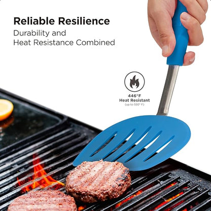Kitchen Mama WaltzGrip Platinum Silicone Pancake Spatula Turner: Heat Resistant Flexible, Stainless Steel Core, Nonstick, Dishwasher Safe, Flipper – Ideal Kitchen Cookware for Eggs, Fish, Meat (Blue)