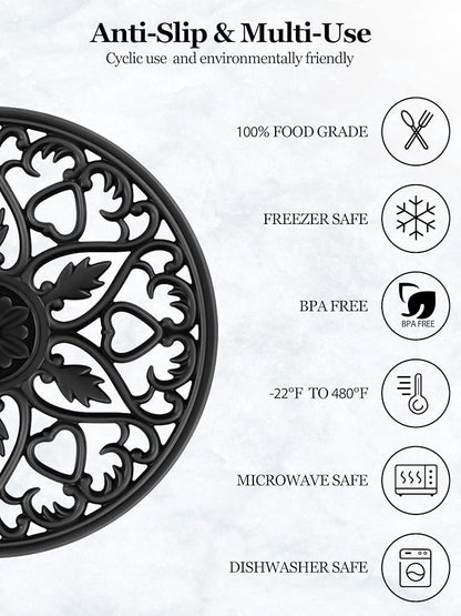 SMARTAKE 6 Set Silicone Trivet Mats, Multi-Use Intricately Carved Coasters, Insulated Non-Slip Durable Kitchen Mats, Flexible Modern Kitchen Table Mat, for Hot Dishes, Pots, Countertop (Black)