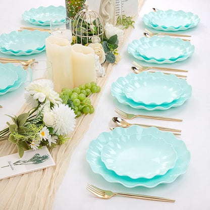 LIYH 24 Pcs Plastic Blue Plates Reusable - Unbreakable Ice Blue Party Scalloped Plates, Microwave & Dishwasher Safe Camping Plate Perfect for Parties, Wedding, Birthday, BPA Free (12Guests)