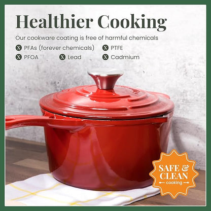 Larder & Vine Enameled Cast Iron Saucepan | 2.2 qt Sauce Pan with Lid | Saucepan with Pour Spouts | Enameled Cast Iron Pot Compatible on All Cooktops & Oven Safe to 500° F | Cabernet